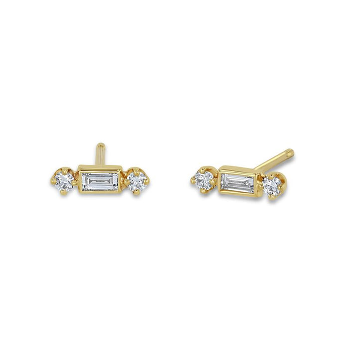 14kt Baguette + Prong Diamond Studs