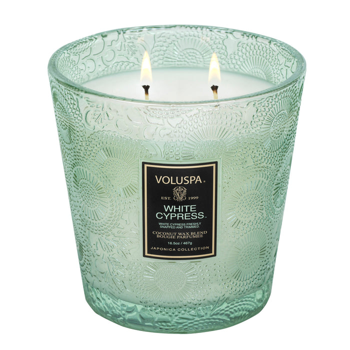 White Cypress Two Wick Hearth Candle, boxed
