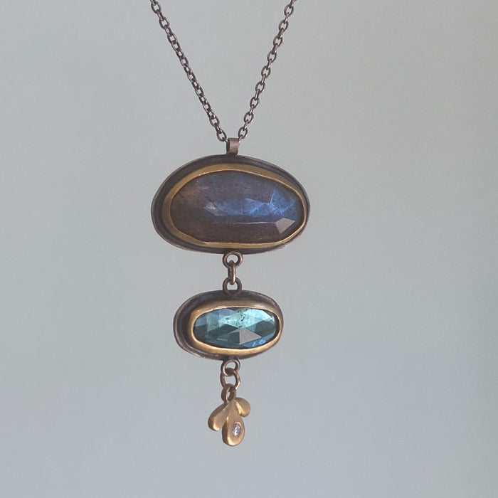 Labradorite + London Blue Topaz Necklace with Diamond Leaf Trio