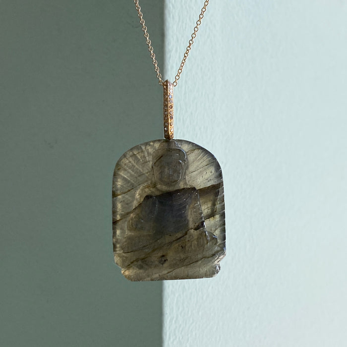 Labradorite Buddha Pendant with Diamond Bale