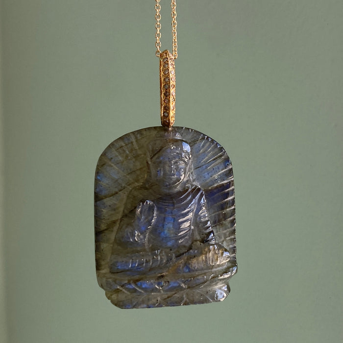 Labradorite Buddha Pendant with Diamond Bale