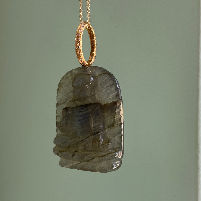 Labradorite Buddha Pendant with Diamond Bale