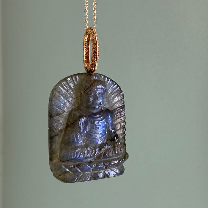 Labradorite Buddha Pendant with Diamond Bale