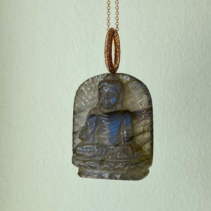 Labradorite Buddha Pendant with Diamond Bale