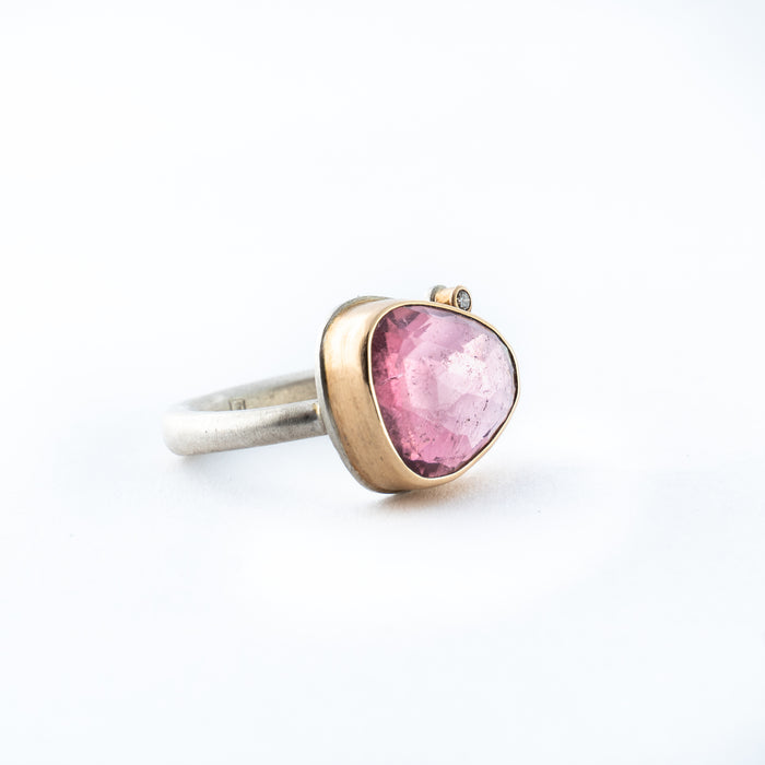 Asymmetrical Pink Tourmaline Ring with Diamond