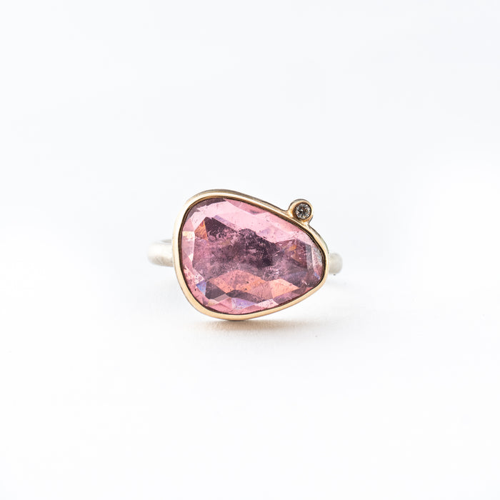 Asymmetrical Pink Tourmaline Ring with Diamond