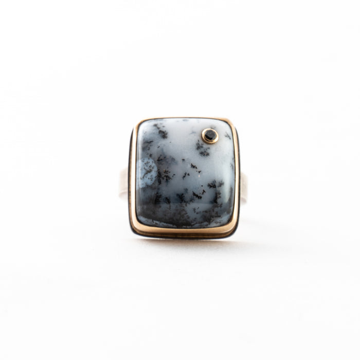 Dendritic Agate Ring with Black Diamond