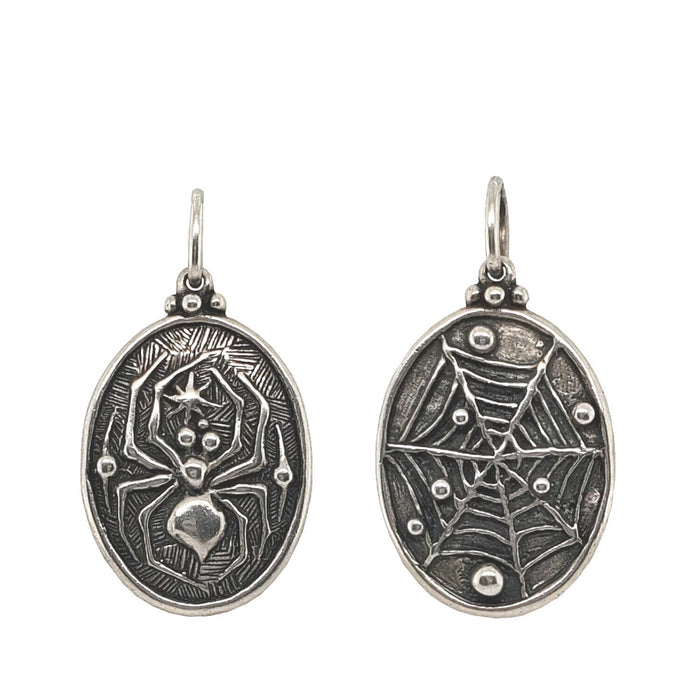 Sterling Silver Spider + Web Charm with Diamond Eyes