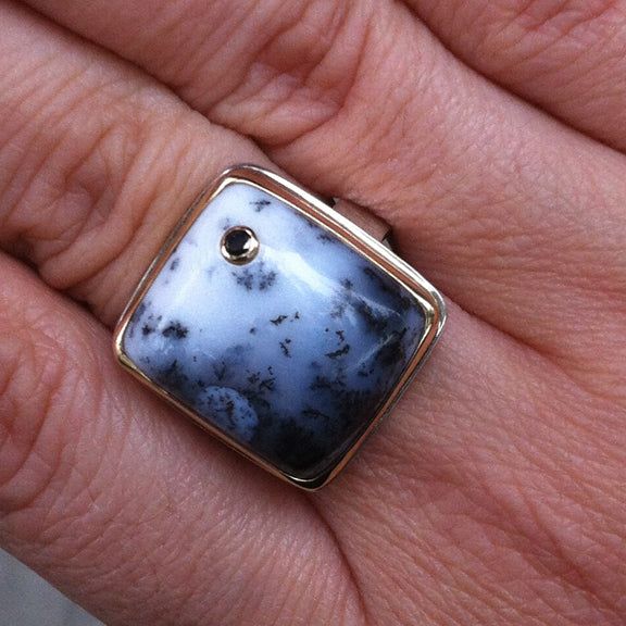 Dendritic Agate Ring with Black Diamond